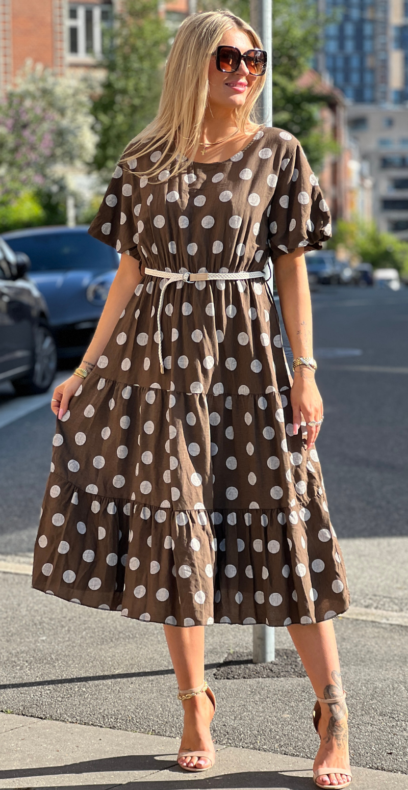 Elly kjole med dots og peplum brun LikeLondon