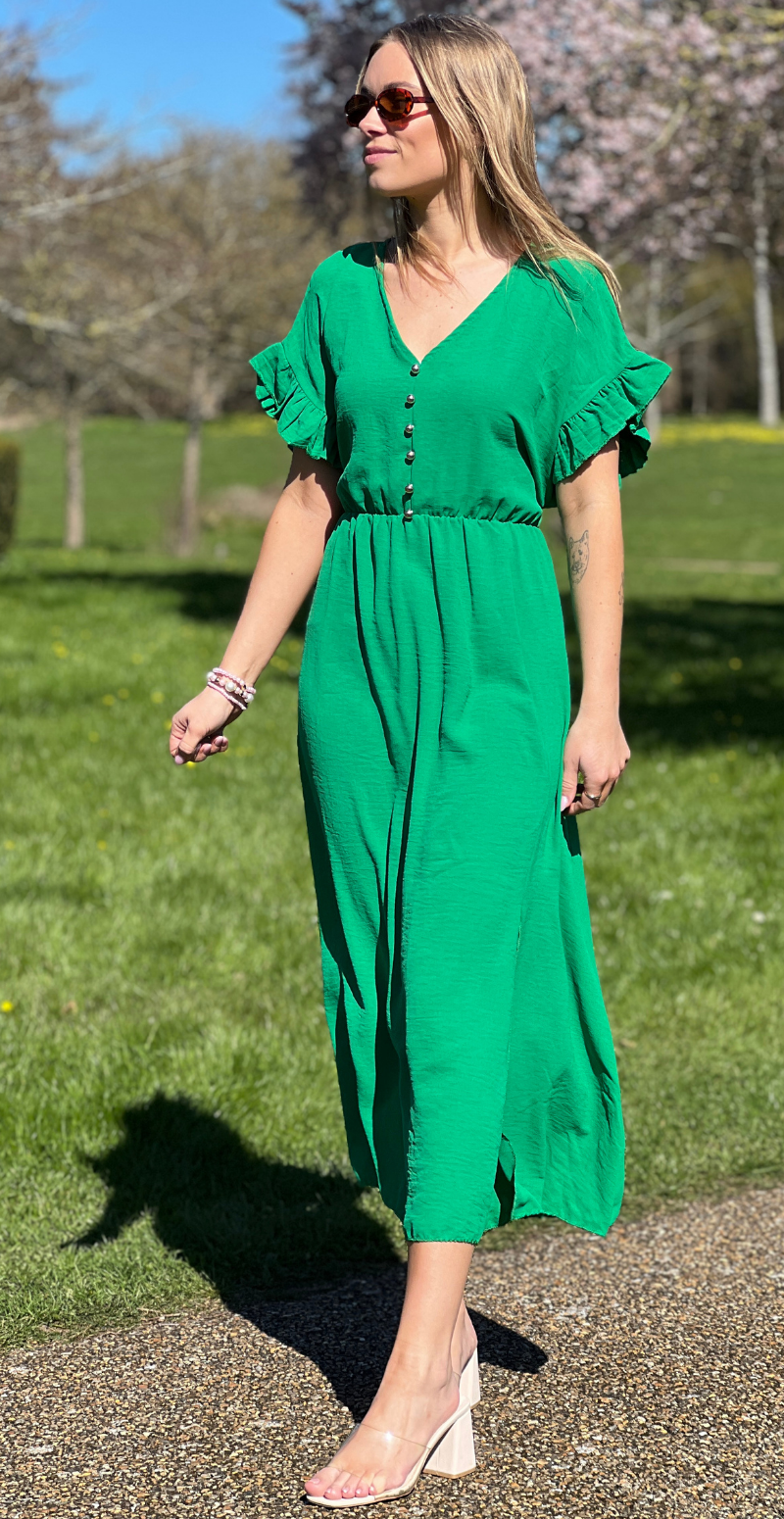 Cordelia kjole med guldknapper og bælte i taljen grøn LikeLondon