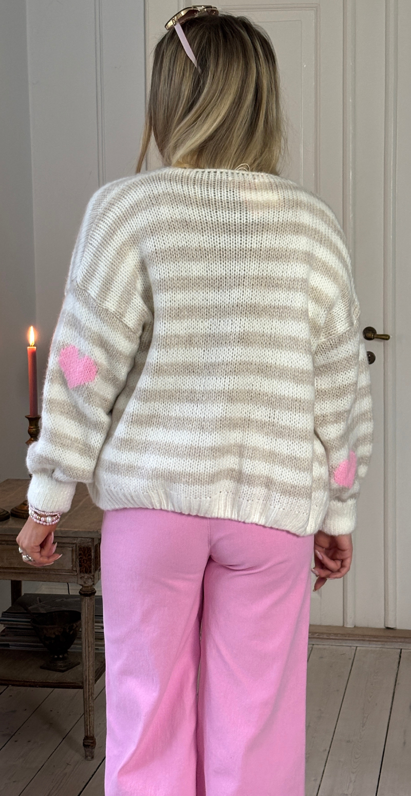 Marlene strik cardigan med striber og hjerter beige LikeLondon