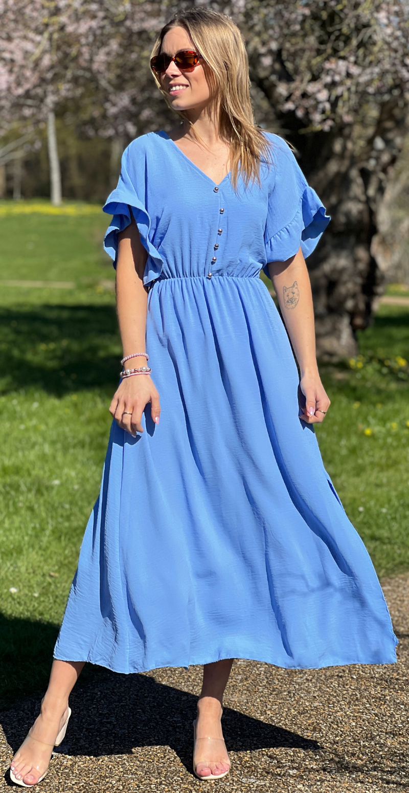 Cordelia kjole med guldknapper og bælte i taljen blå LikeLondon