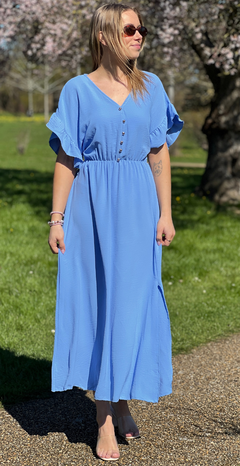 Cordelia kjole med guldknapper og bælte i taljen blå LikeLondon