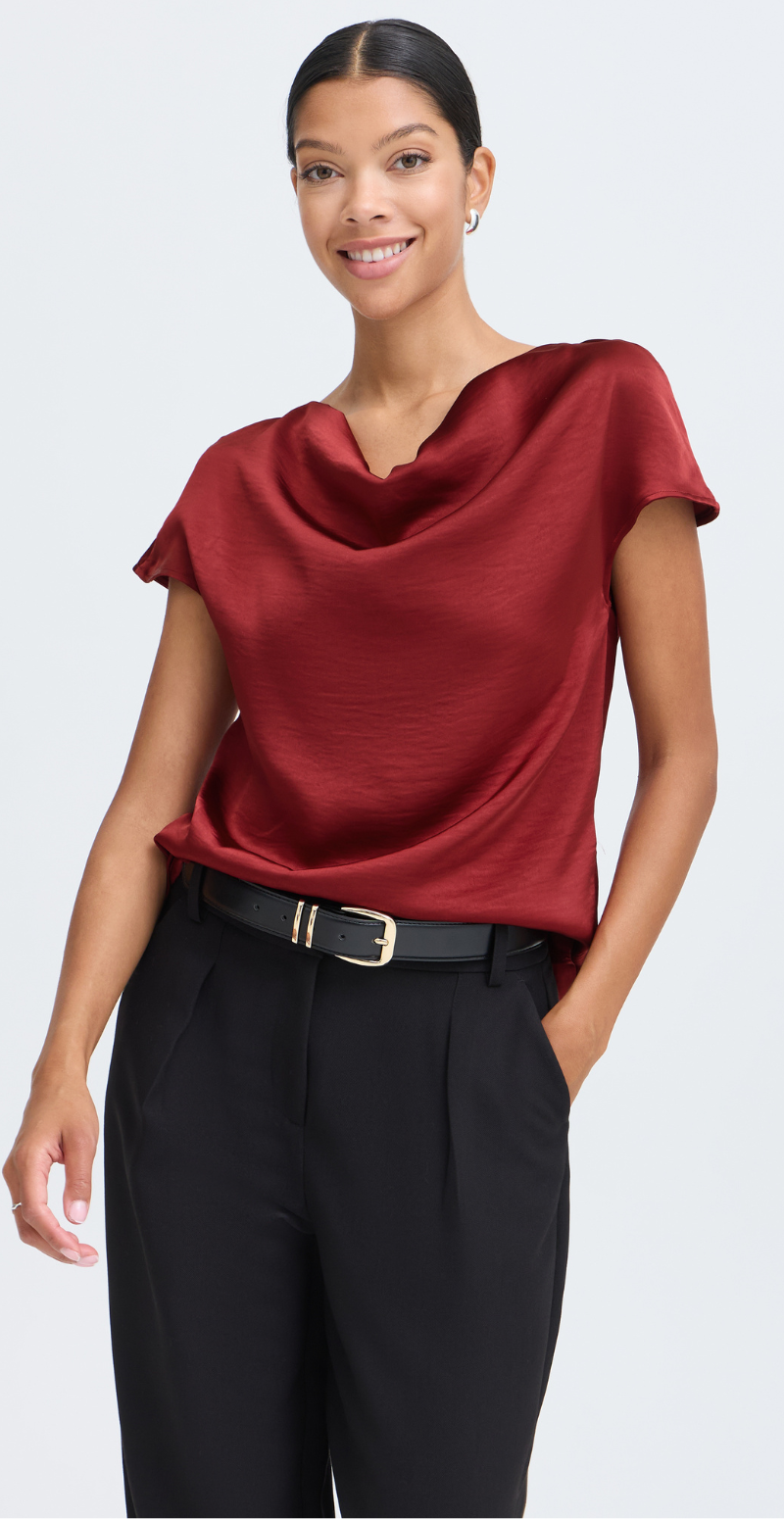 Isa kortærmet satinbluse med vandfaldseffekt sun dried tomato B.young