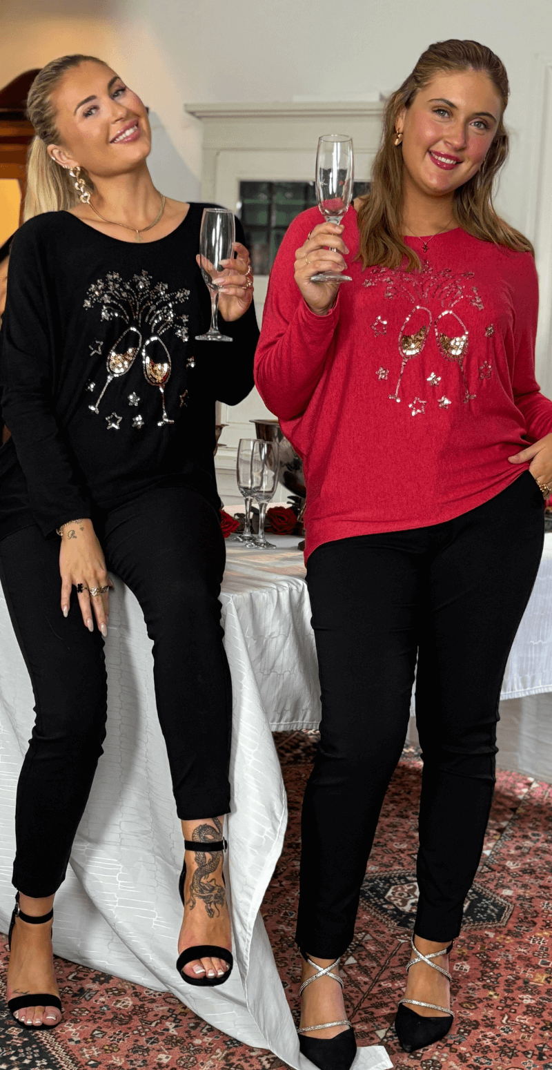 Madelene strikbluse med champagneglas i pailletter rød Likelondon