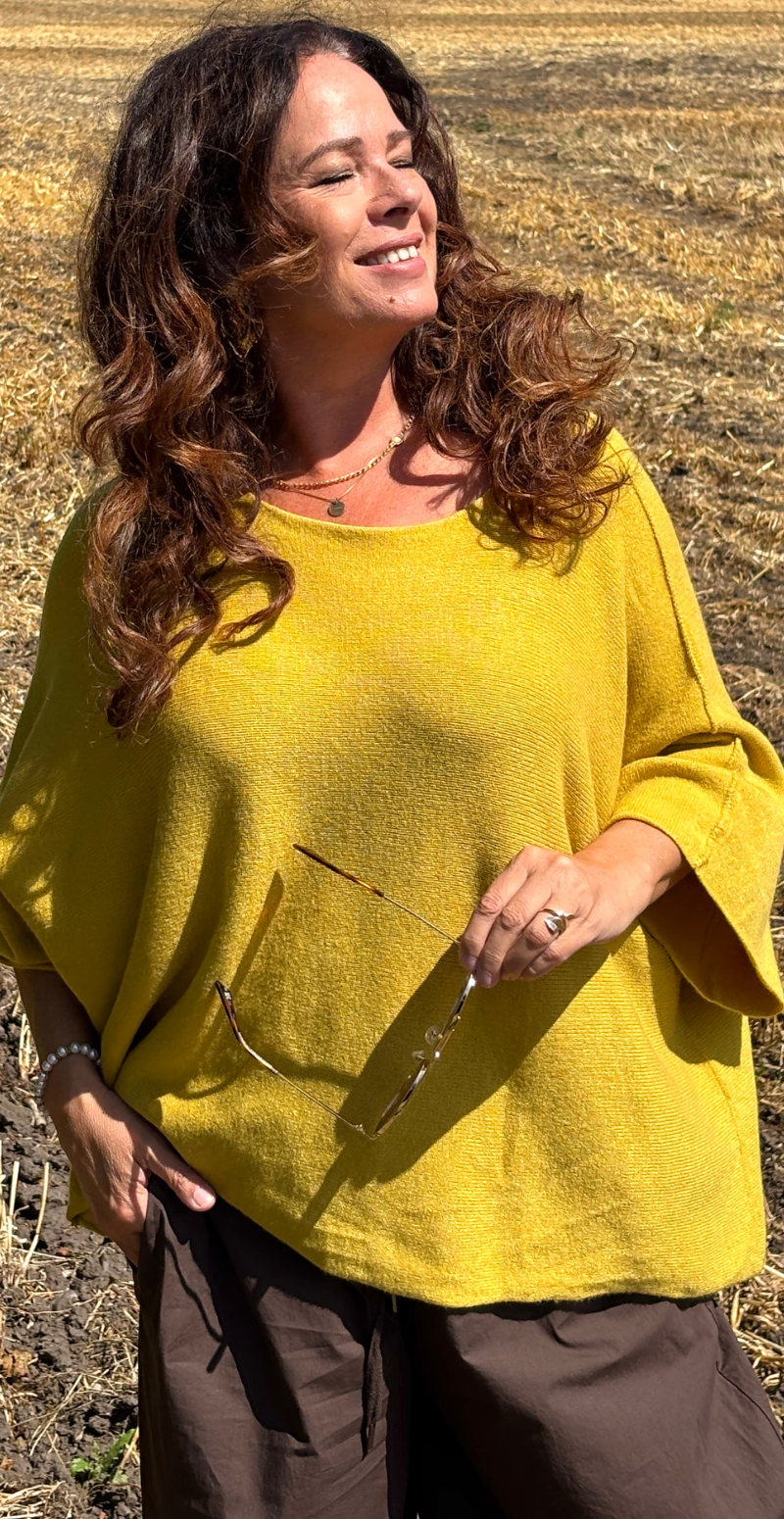 Elva strikbluse med vidde og 3/4 ærmer bamboo yellow LikeLondon