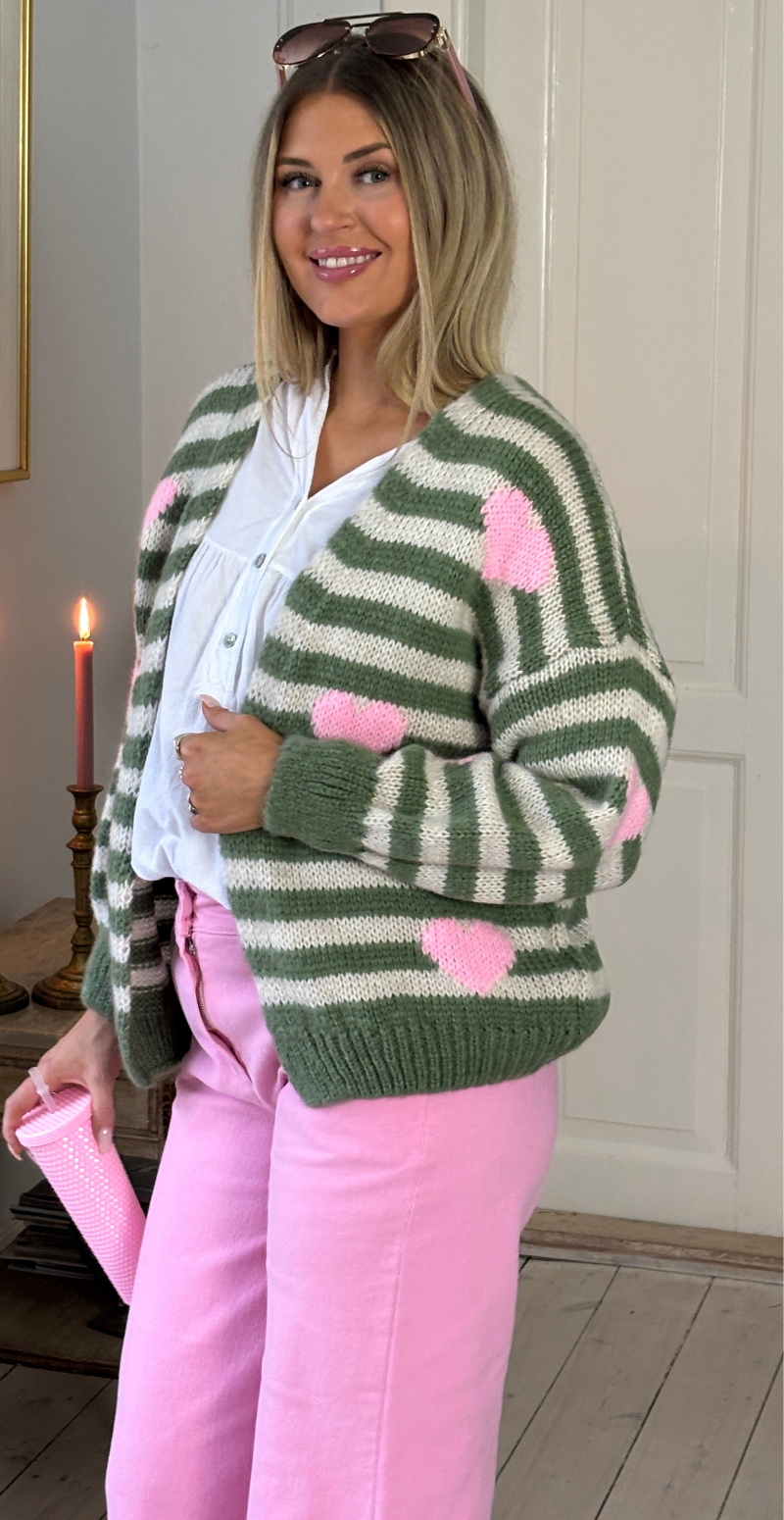 Marlene strik cardigan med striber og hjerter militare LikeLondon