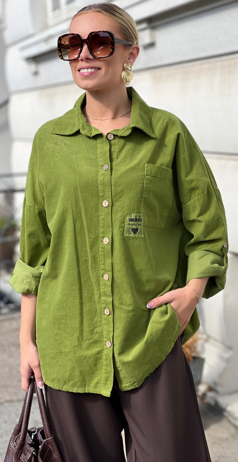 Venia fløjlsskjorte med lomme olive LikeLondon