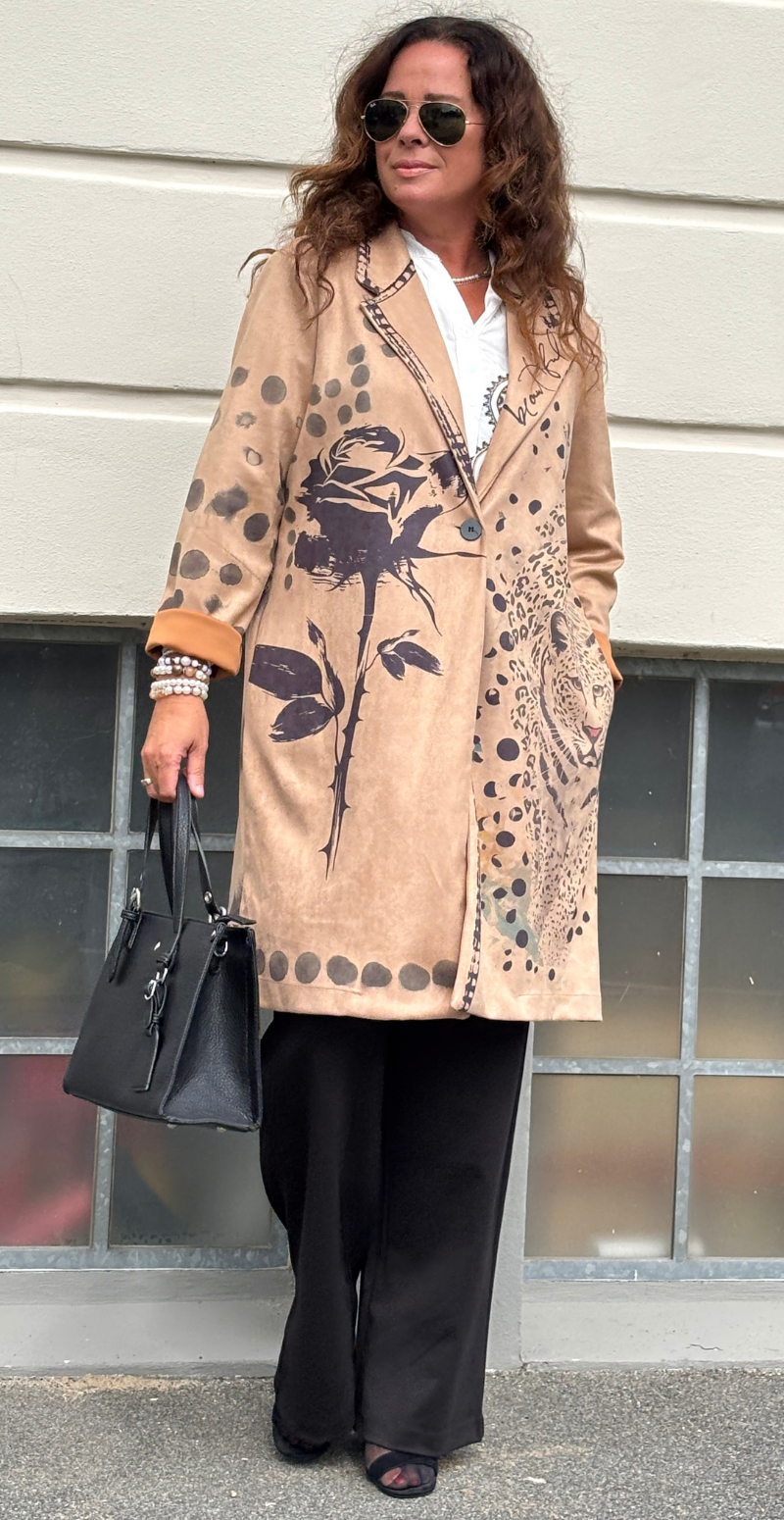 Katie jakke med print sort rose og leopard camel LikeLondon