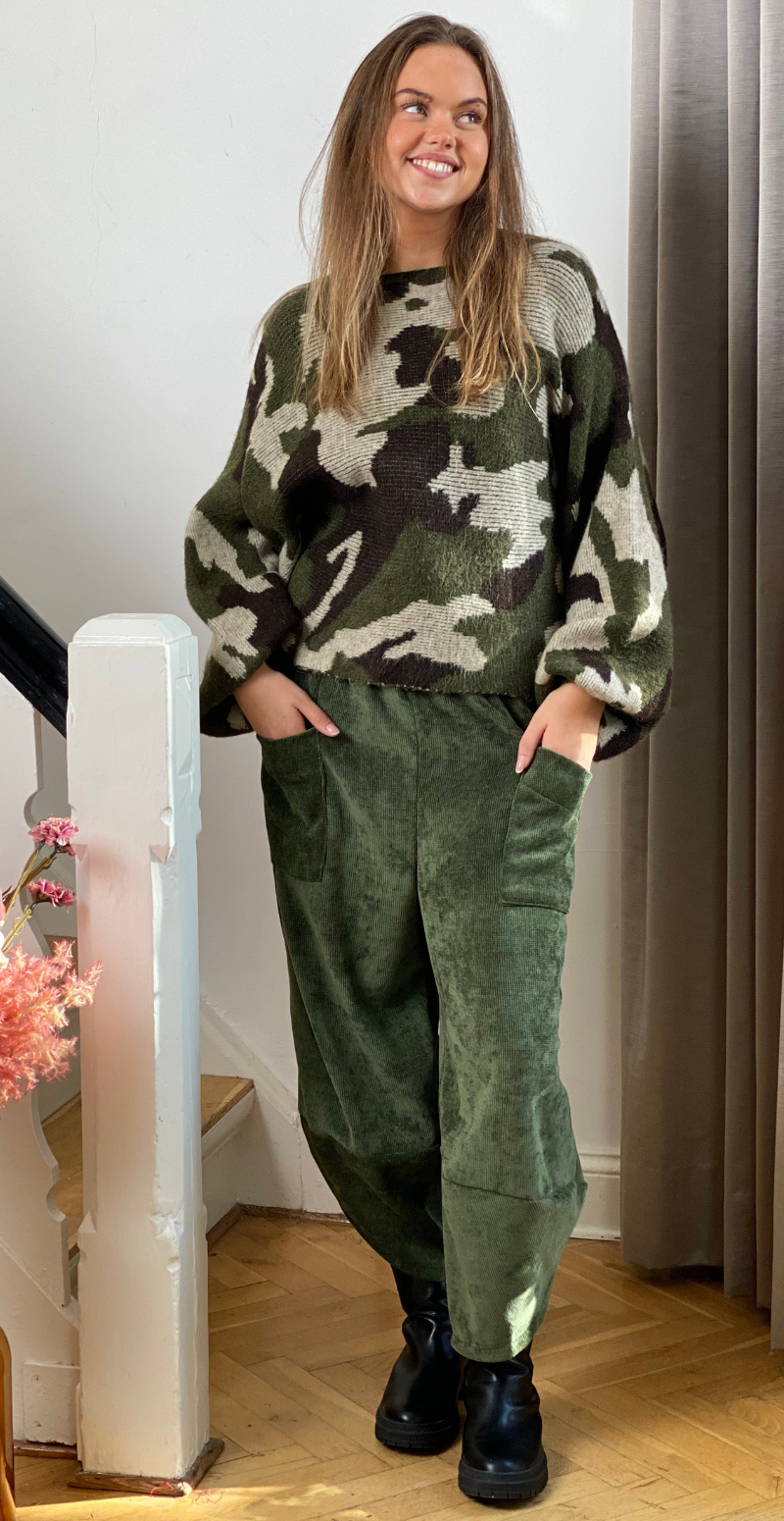 Mynthe uldstrik med ballonærmer og camouflage military LikeLondon