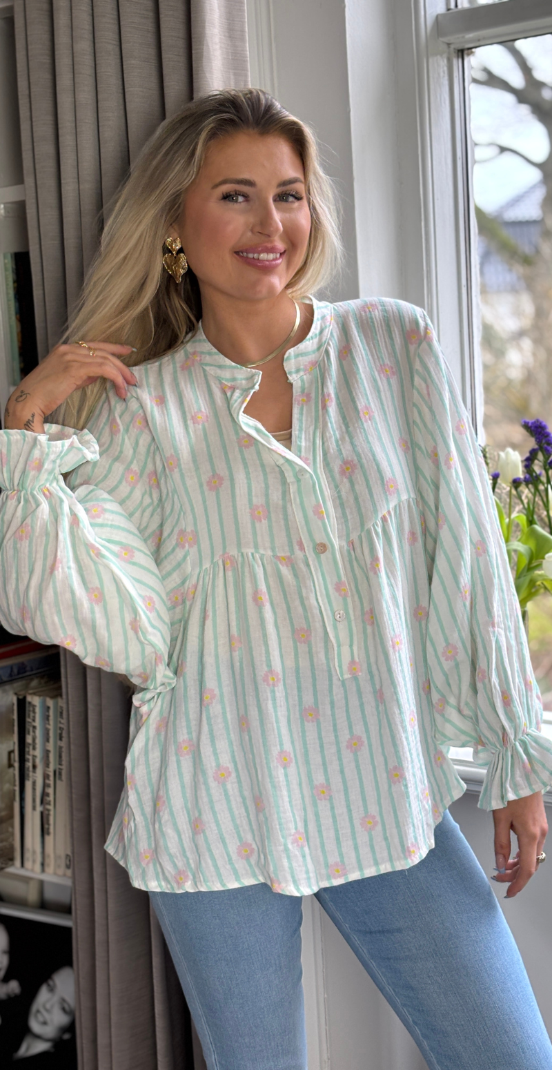 Winnie bluse med striber og blomster mint LikeLondon