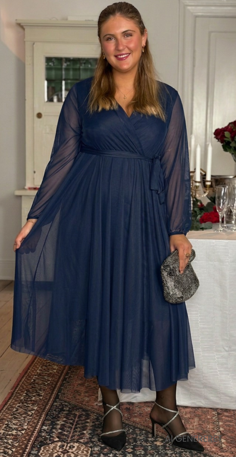 Angelika chiffon kjole med bindebånd navy LikeLondon