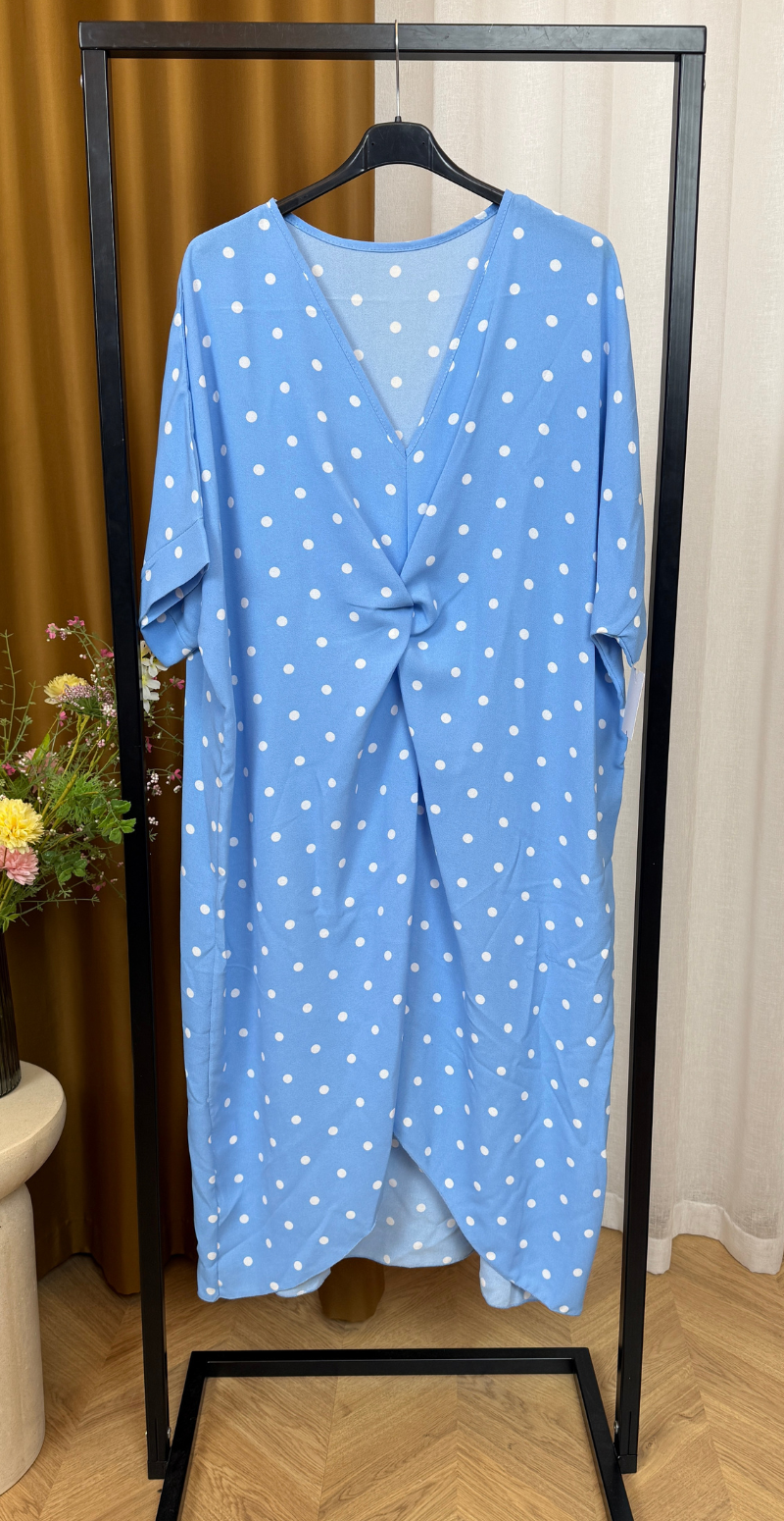 Annie kjole med knudedetalje og polkaprikker blå LikeLondon