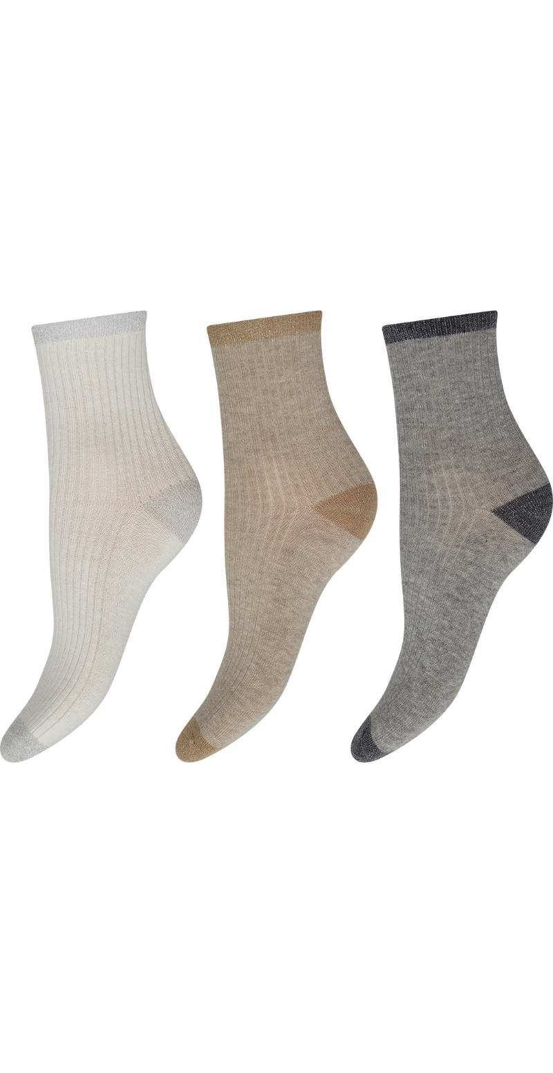3-pak bomuldsstrømper i neutrale farver med glimmerkant Decoy