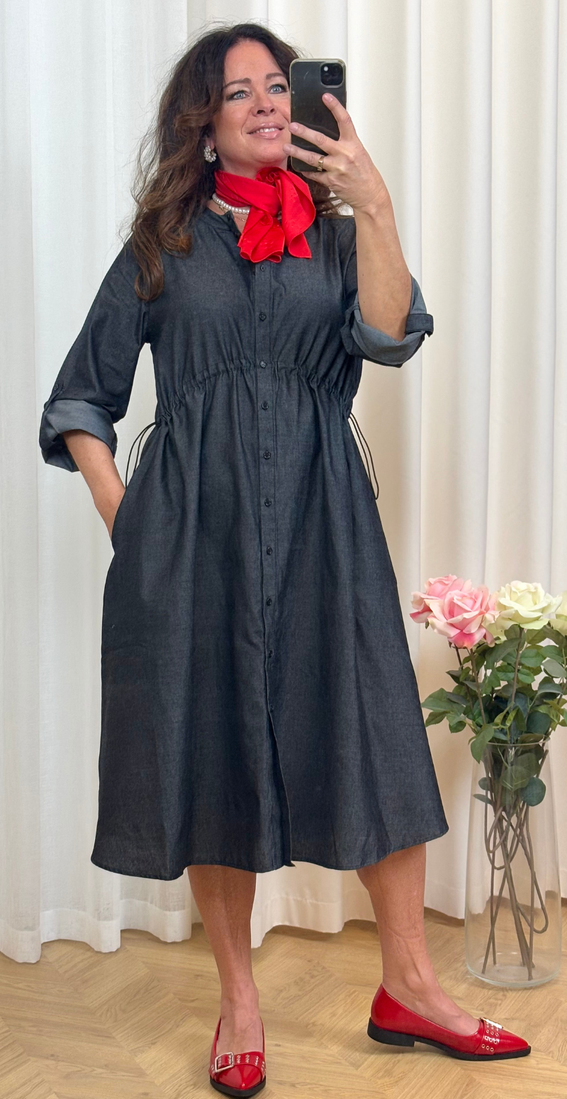 Malay denim kjole med elastik detalje sort
