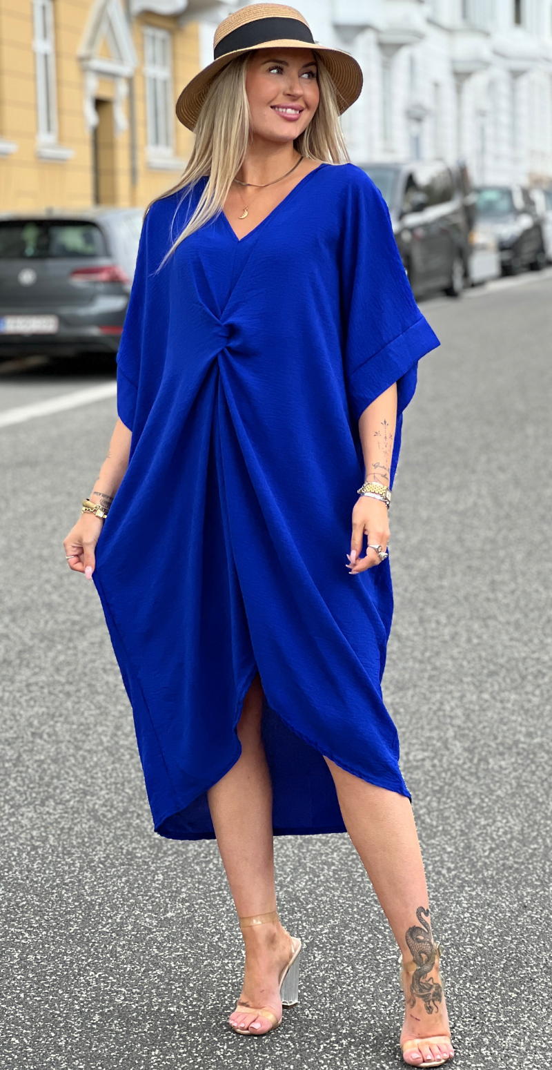 Lisa ensfarvet kjole med knude foran royalblue LikeLondon