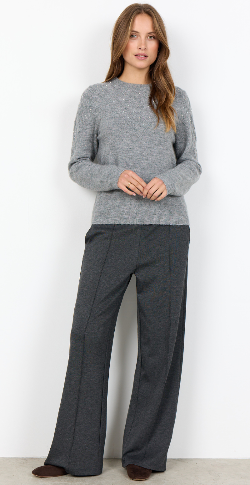 Nessie uldbluse med perler og rhomber grå Soyaconcept