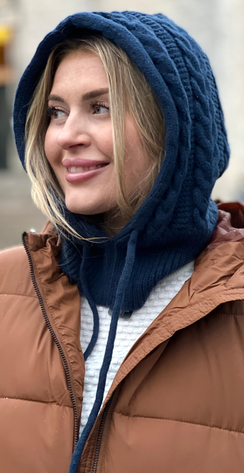 Kabelstrikket balaclava i uld navy LikeLondon