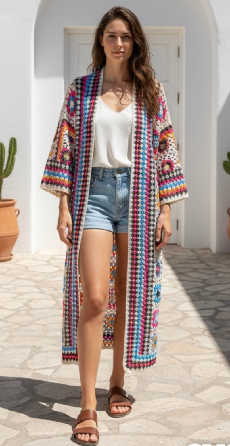 Libba lang cardigan med hæklet mønster pink/orange LikeLondon