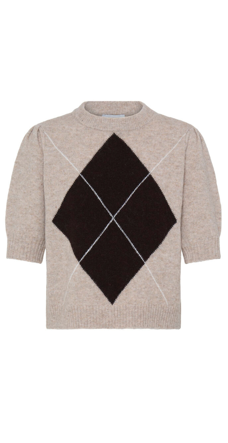 Osmilla strikbluse med korte puf ærmer i crop humus mel. argyle B.young