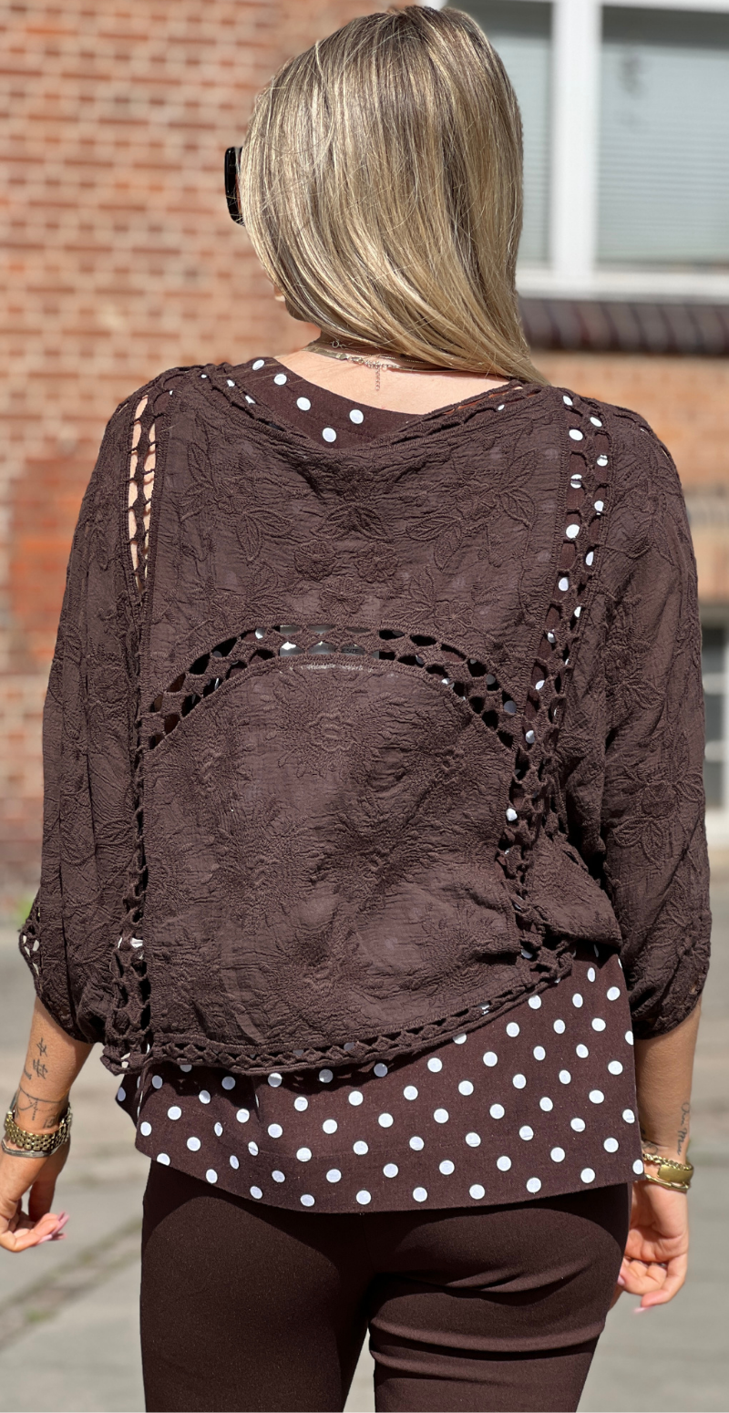 Vivi blonde cardigan med hæklede detaljer brun LikeLondon