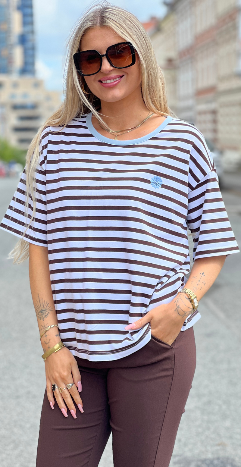 Fenjal t-shirt med striber og blomst brilliant white w. coffee bean Freequent