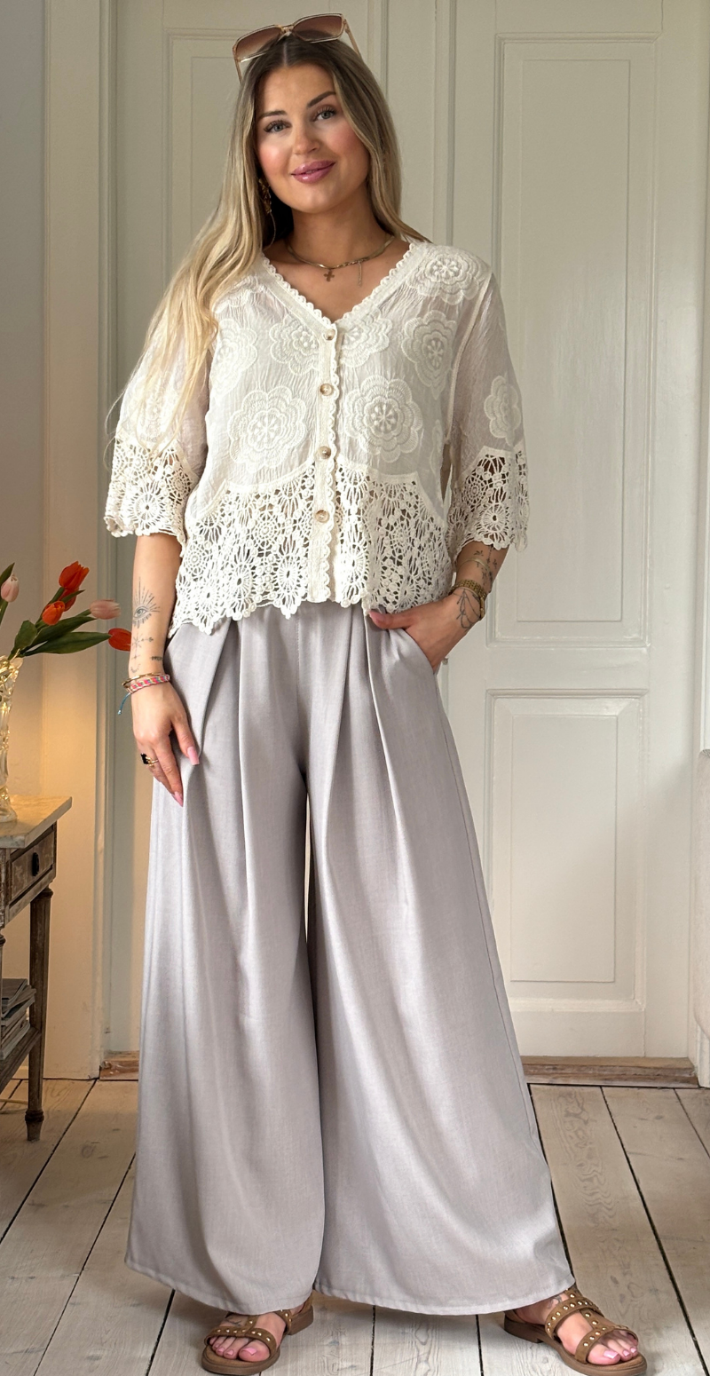 Silvia cardigan med 3/4 ærmer og hæklede kanter beige LikeLondon