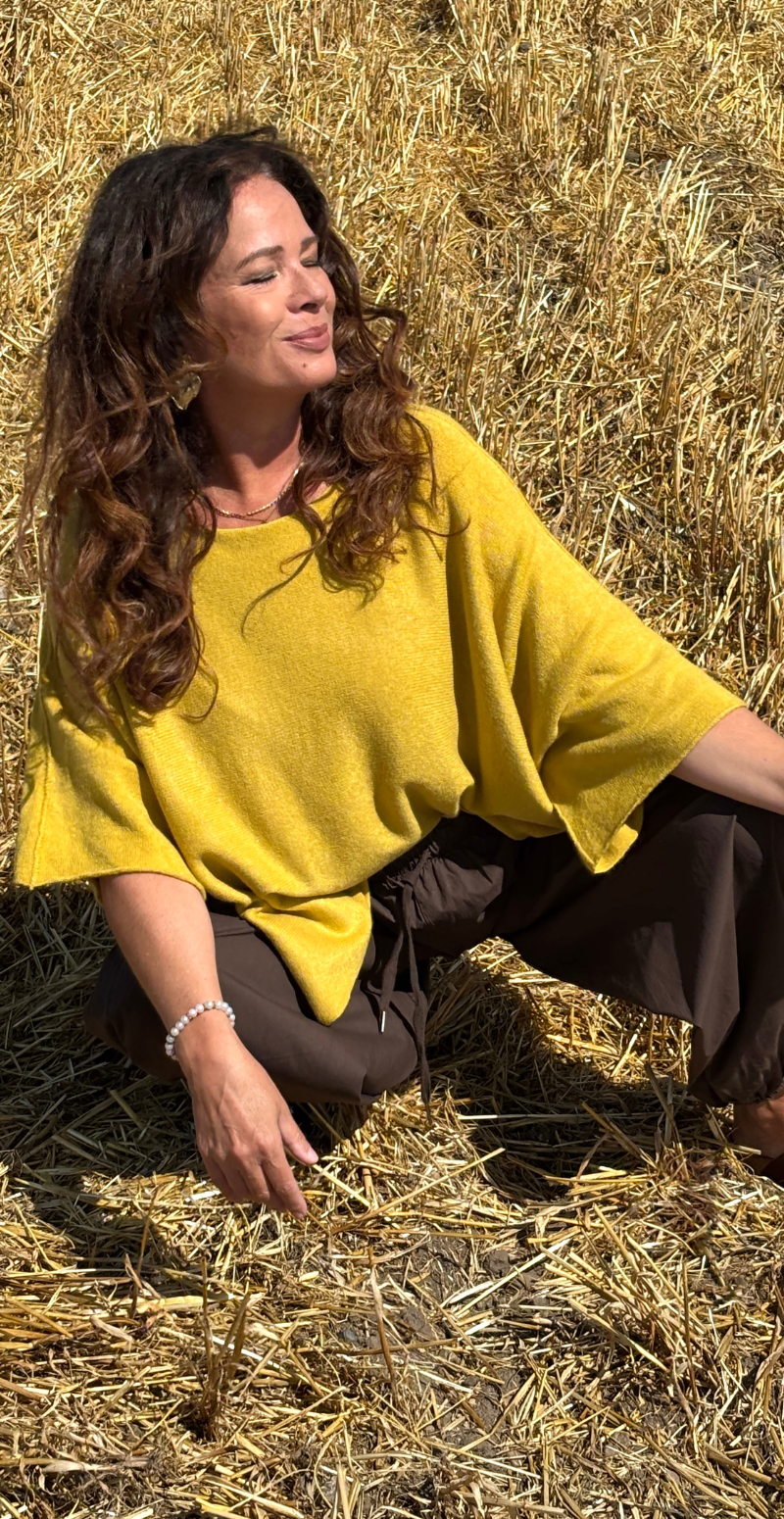Elva strikbluse med vidde og 3/4 ærmer bamboo yellow LikeLondon