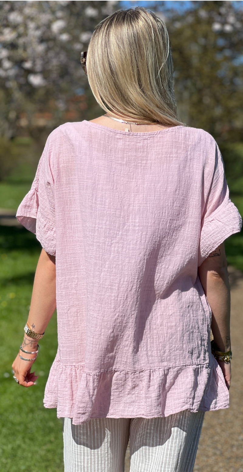 Bagfra visning af rosa Carolina kortærmet bluse med peplum fra LikeLondon.com