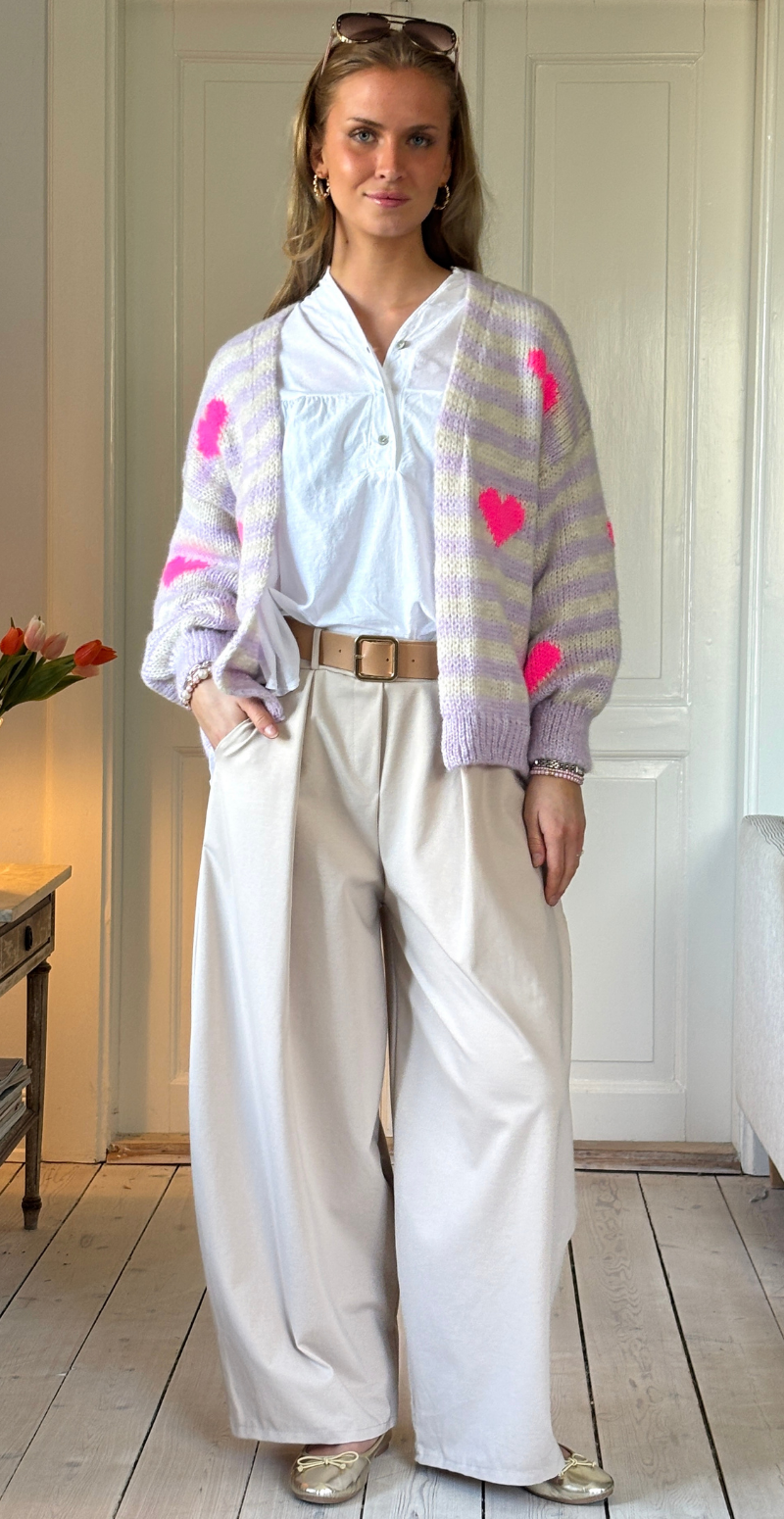Marlene strik cardigan med striber og hjerter lilla LikeLondon