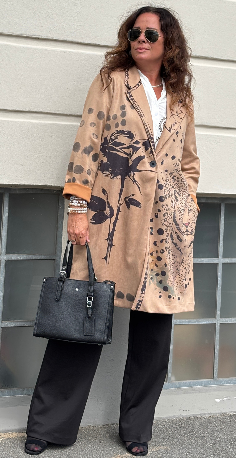 Katie jakke med print sort rose og leopard camel LikeLondon