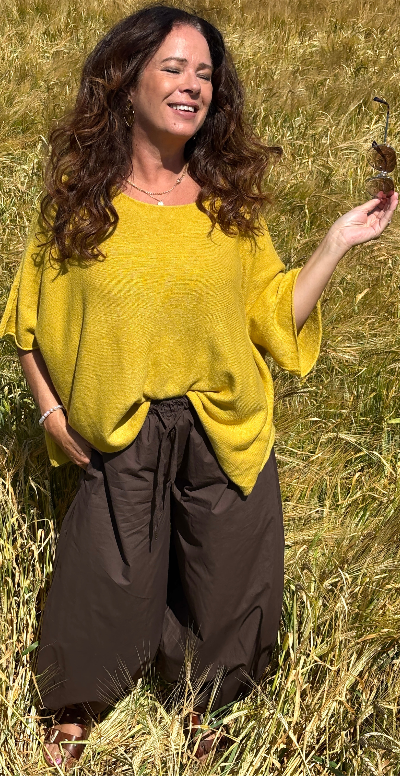 Elva strikbluse med vidde og 3/4 ærmer bamboo yellow LikeLondon