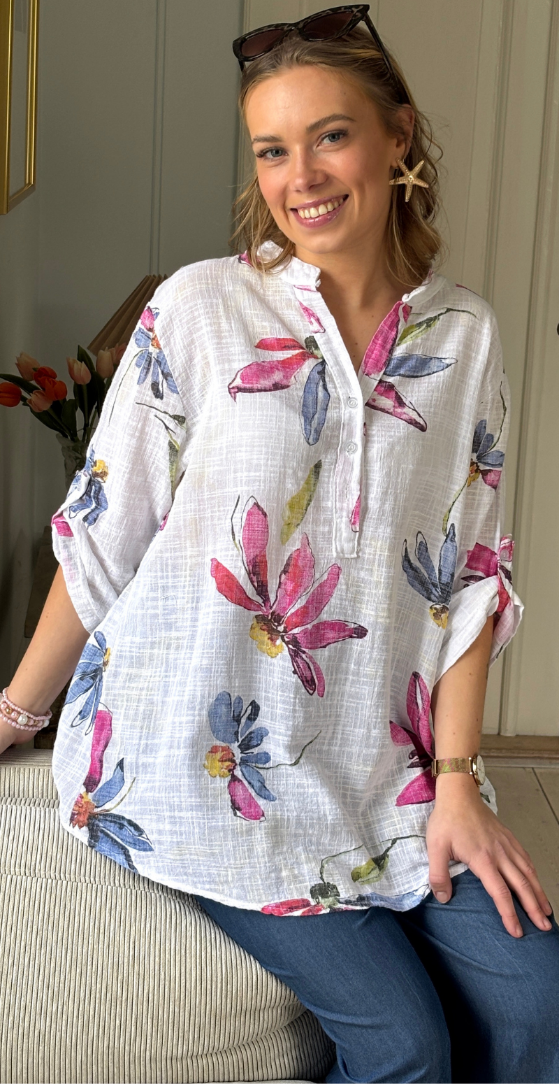 Deborah bluse med farverige blomster bianco/hvid LikeLondon