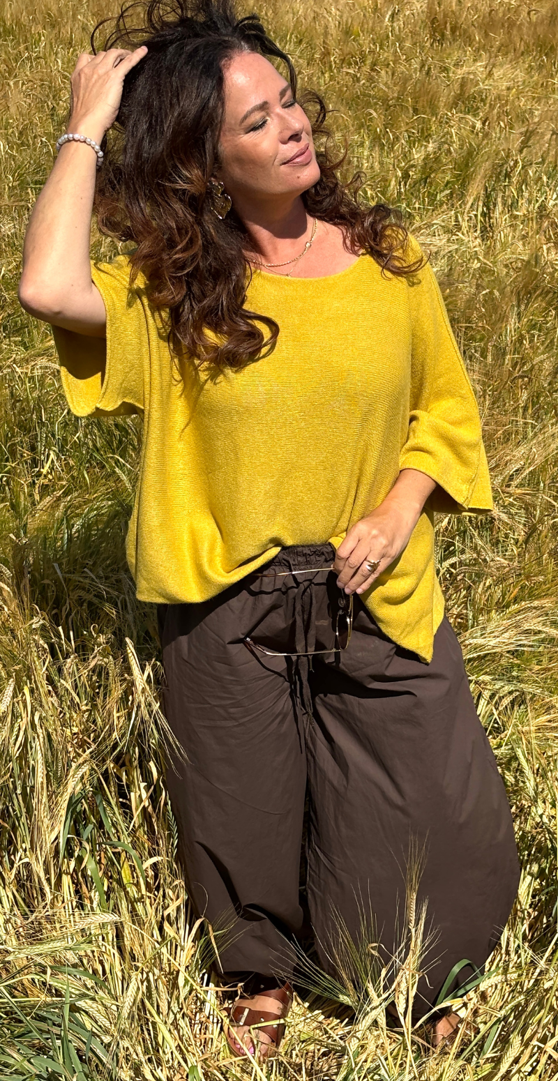 Elva strikbluse med vidde og 3/4 ærmer bamboo yellow LikeLondon