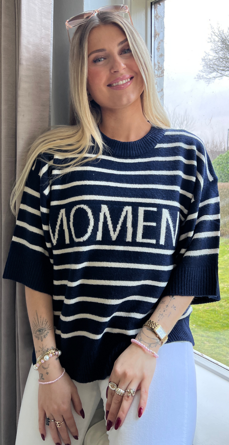 Orlean pullover med striber og "Moment" navy LikeLondon