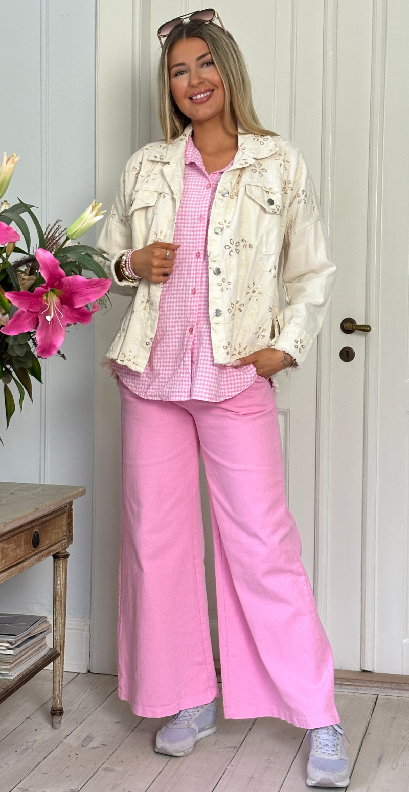 Laney canvas jakke med broderede blomster og pailletter creme LikeLondon