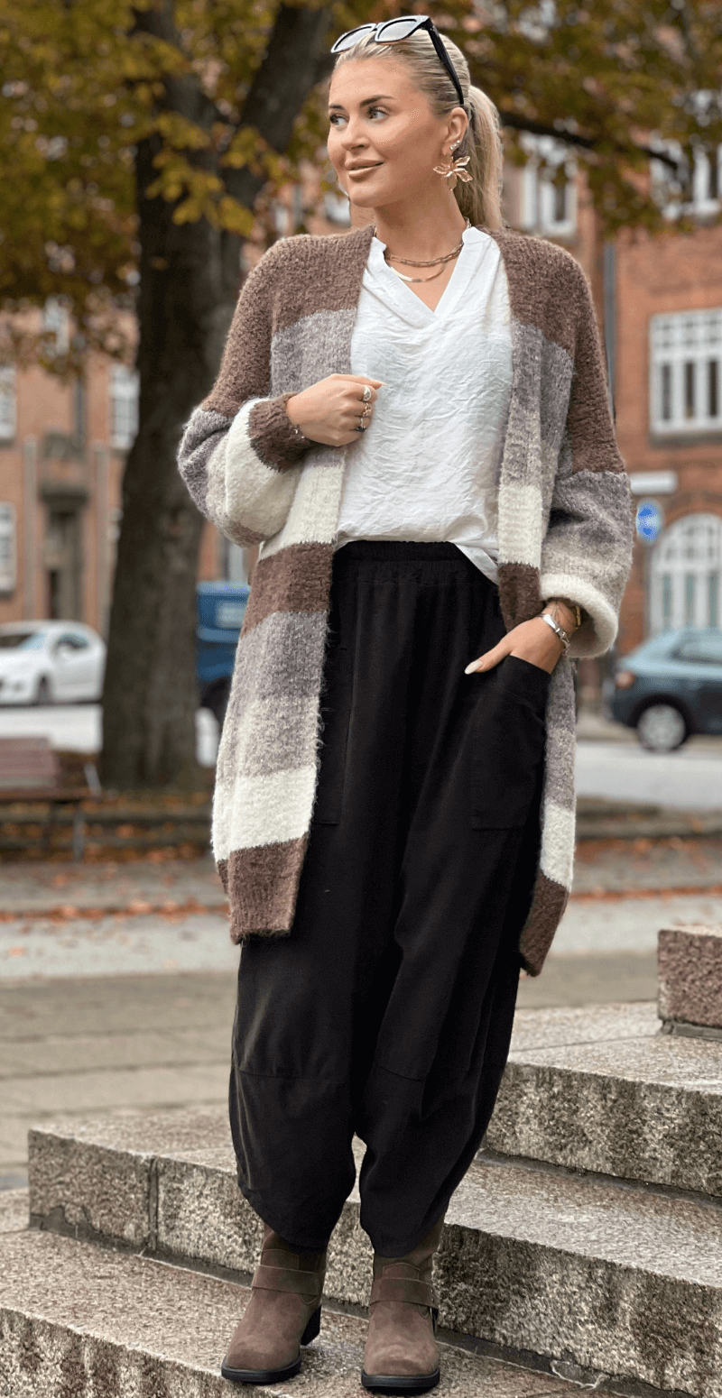 Rita uldcardigan med striber og ribkant brun LikeLondon