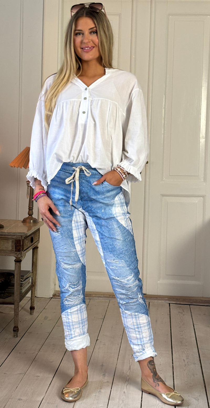 Sisse bukser i denimlook med ternede detaljer Likelondon