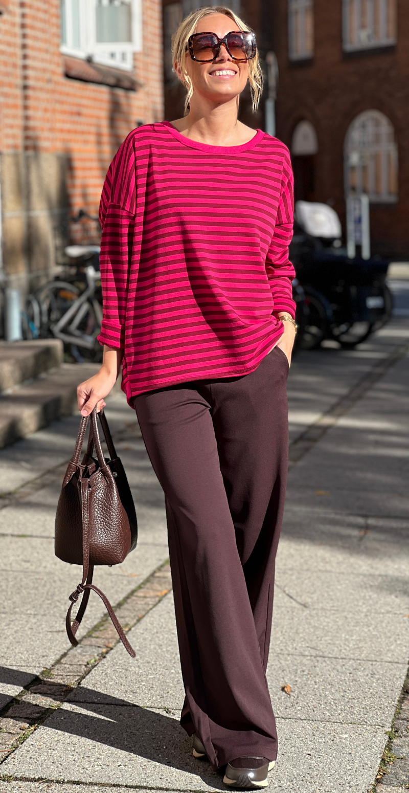 Zenia bluse med lange ærmer og striber wine red/peach red LikeLondon
