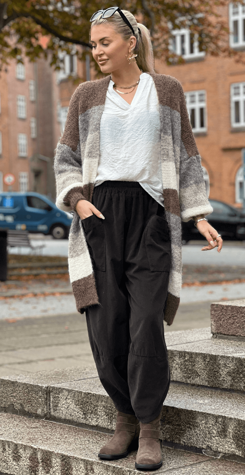 Rita uldcardigan med striber og ribkant brun LikeLondon