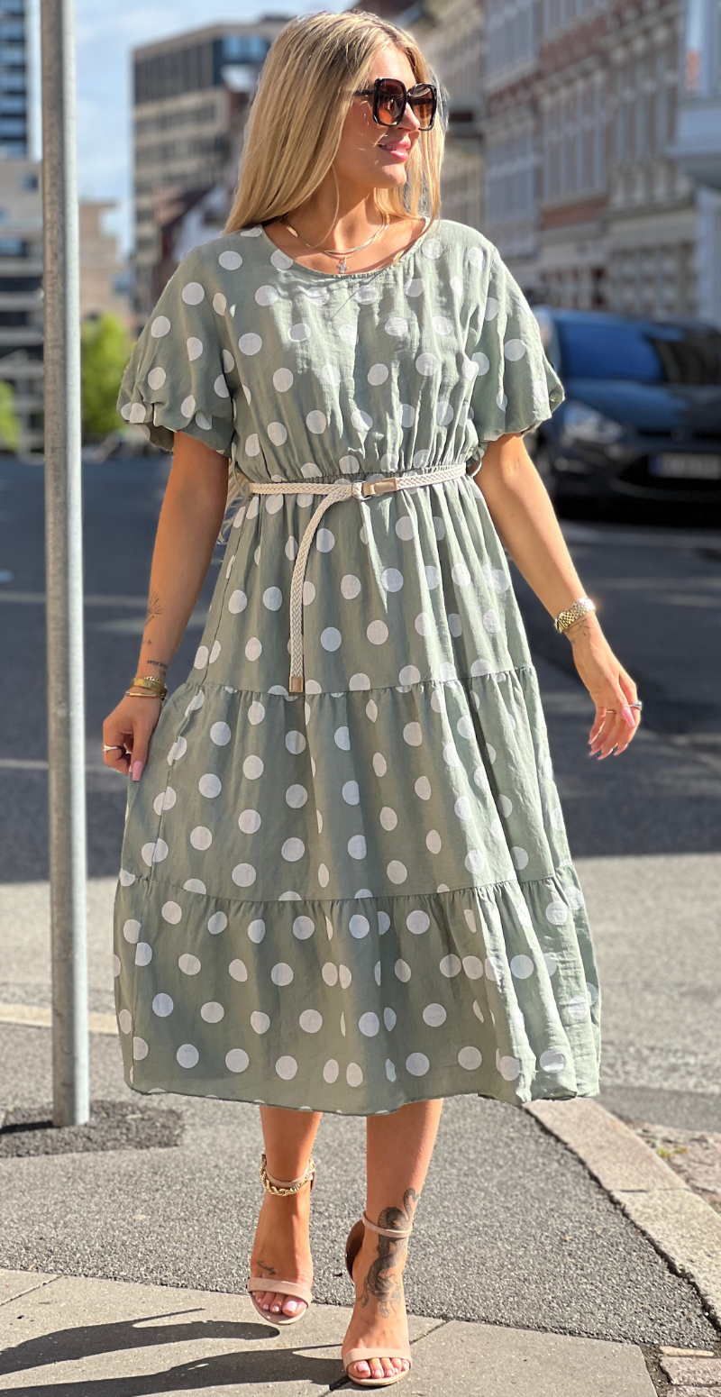 Elly kjole med dots og peplum khaki LikeLondon