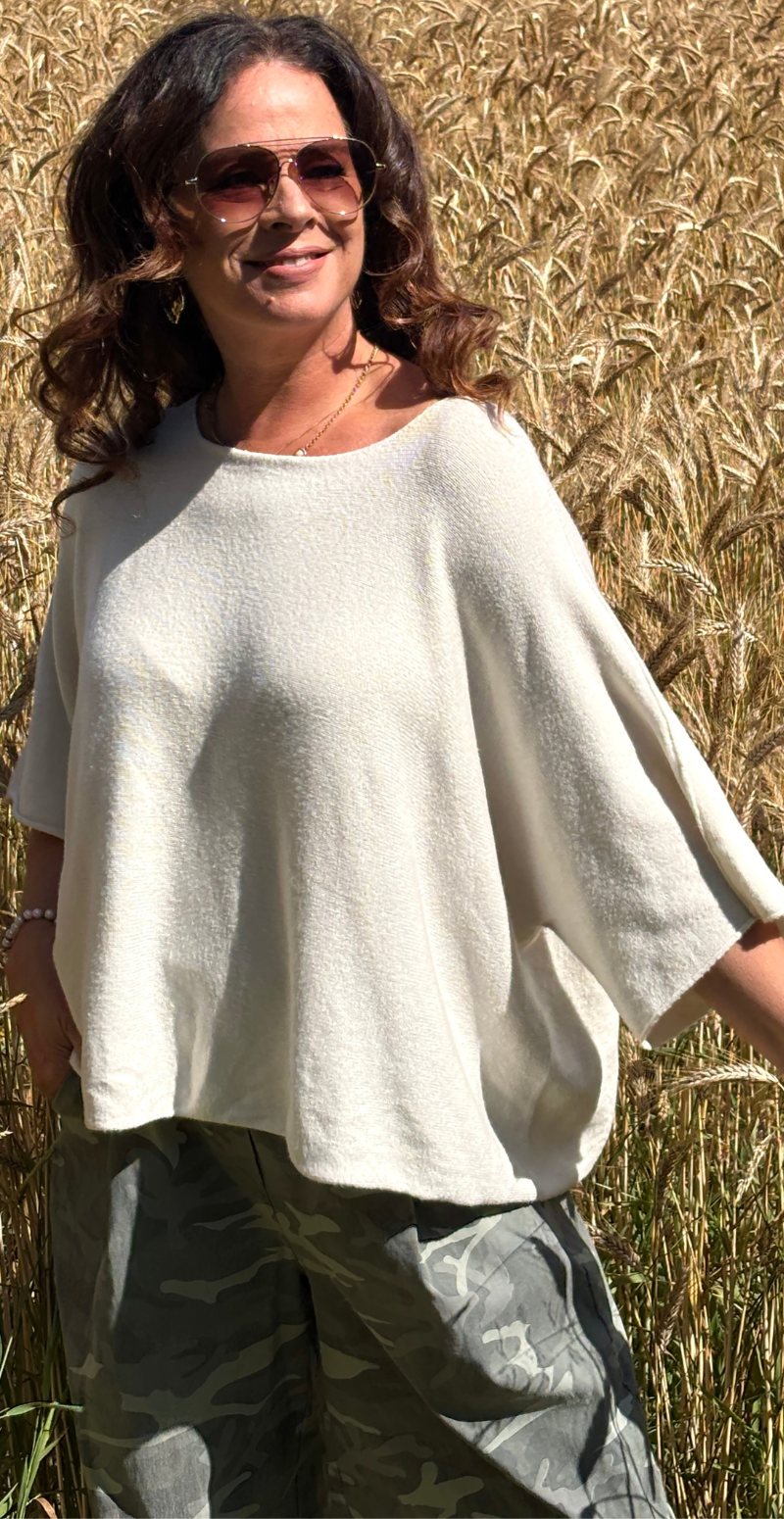 Elva strikbluse med vidde og 3/4 ærmer beige LikeLondon