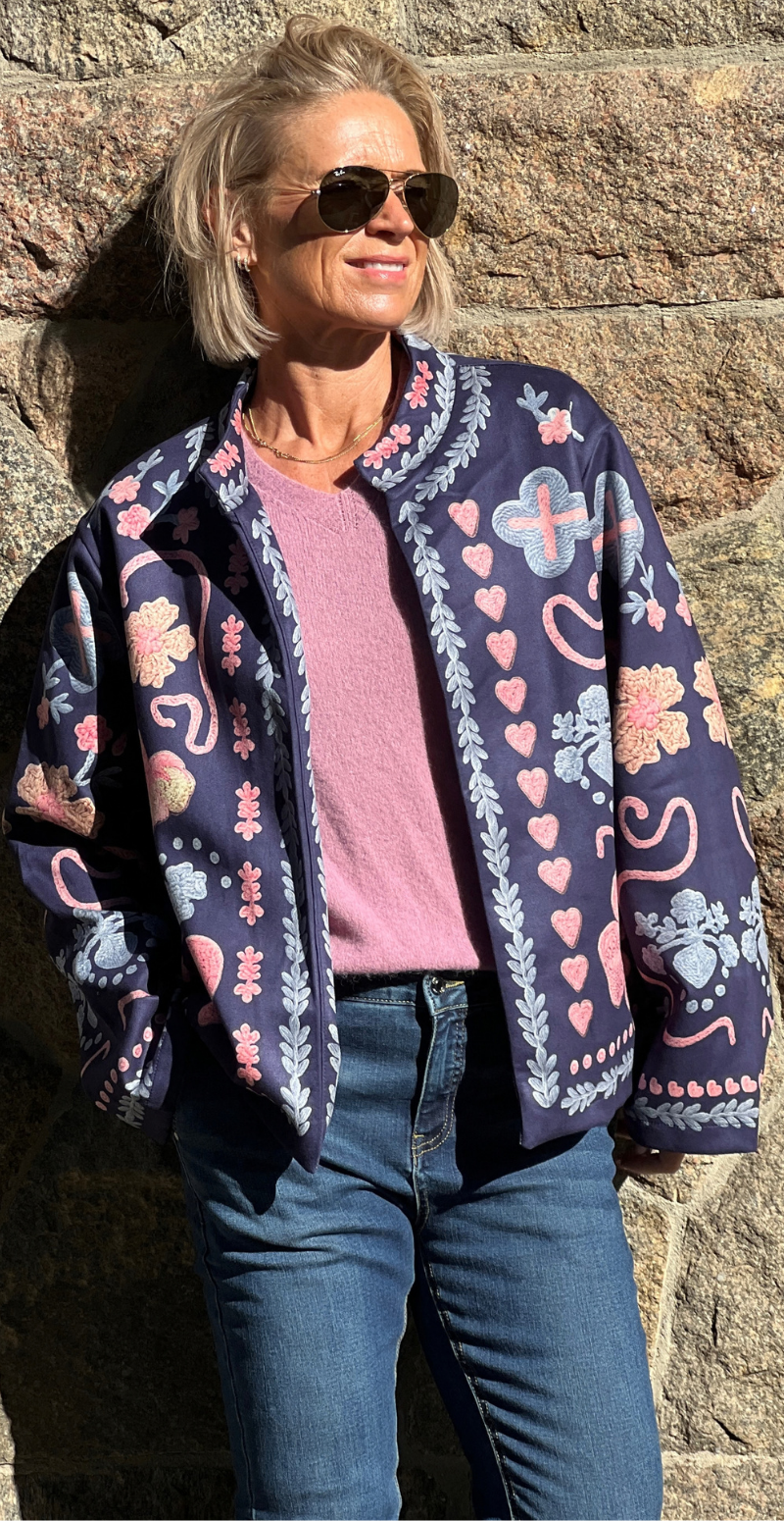 Estelle jakke i ruskindslook med hjerte mønster navy LikeLondon