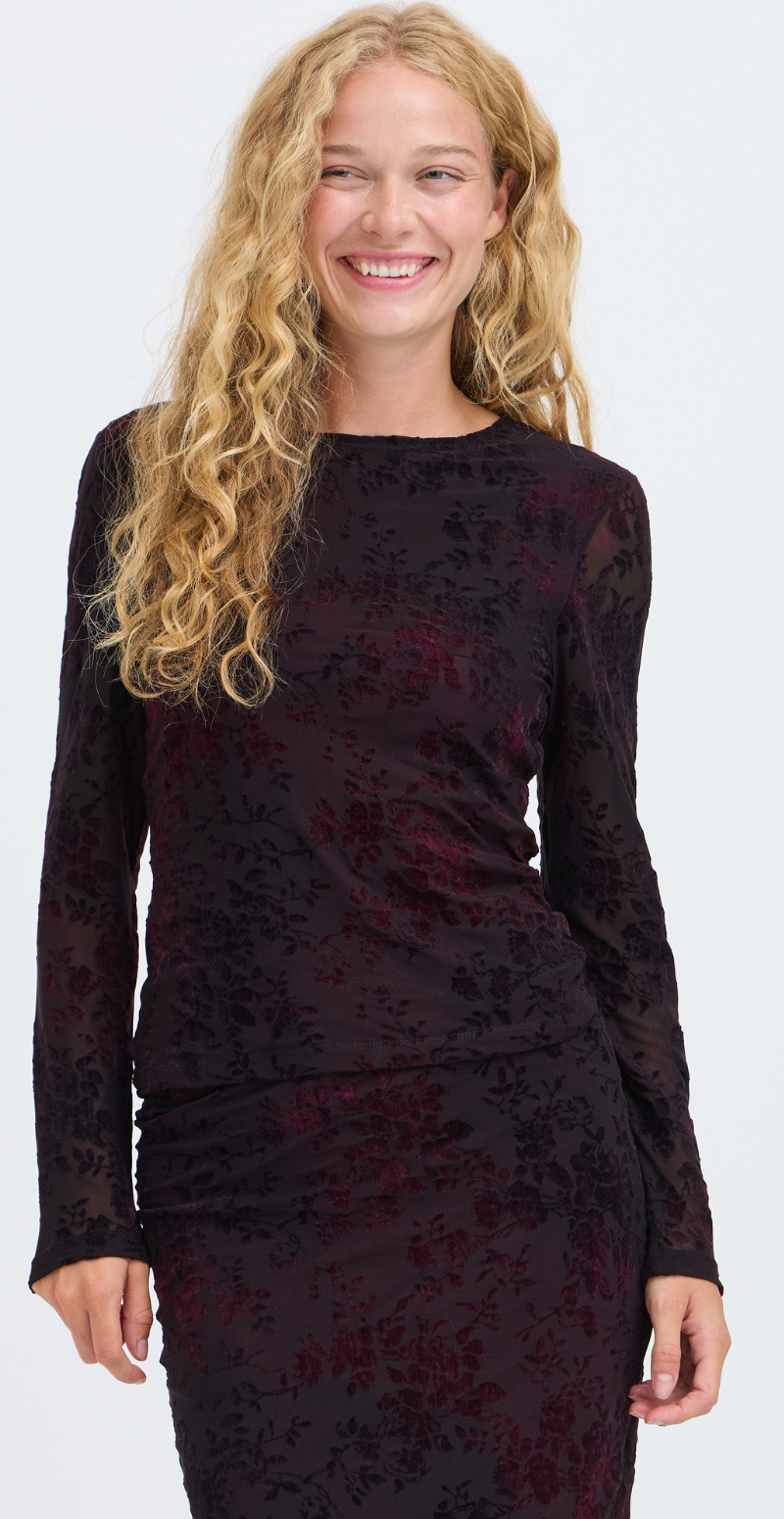 Rumia mesh bluse med blomstret velourprint fudge/black floral mesh B.young