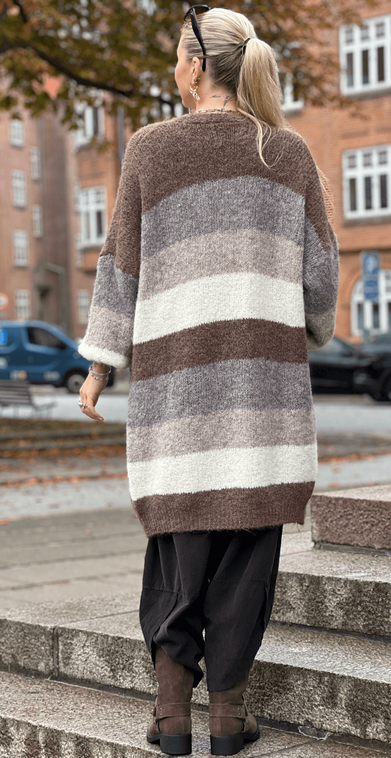 Rita uldcardigan med striber og ribkant brun LikeLondon