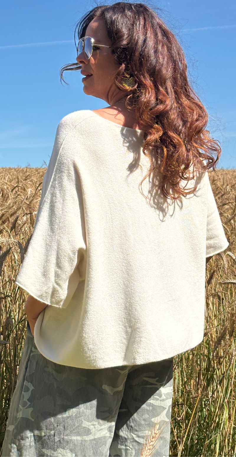 Elva strikbluse med vidde og 3/4 ærmer beige LikeLondon
