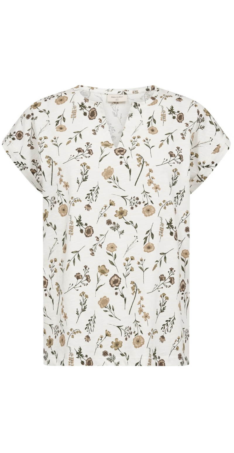 Viva T-shirt med v-hals og blomster star off-white w. silver mink Freequent