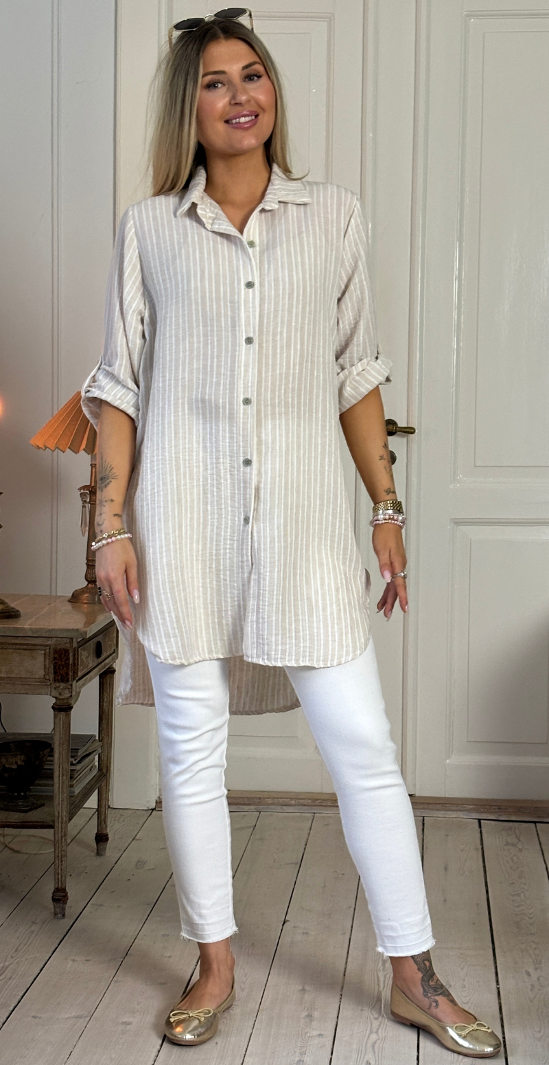Tania tunika med striber og knapper beige LikeLondon