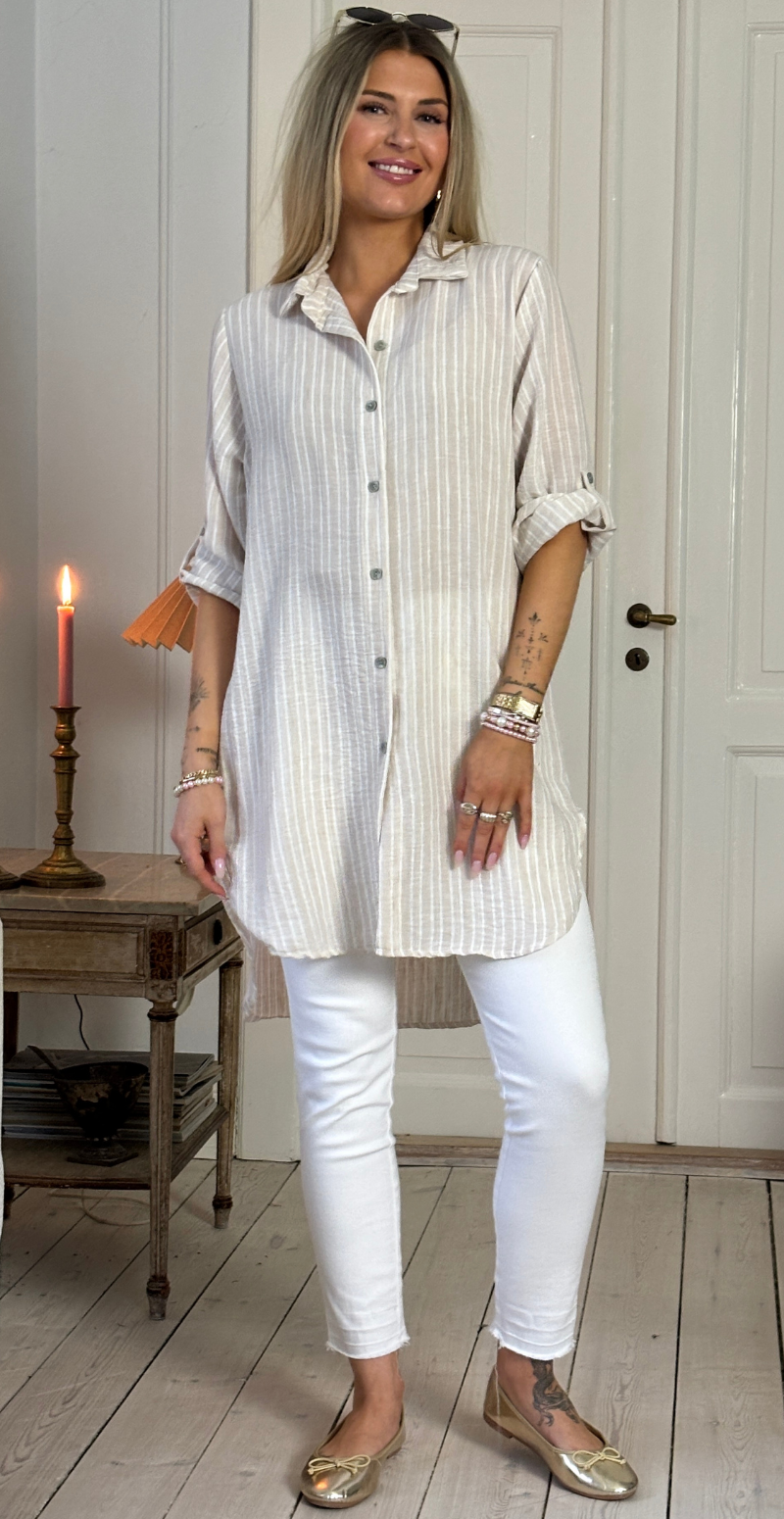 Tania tunika med striber og knapper beige LikeLondon