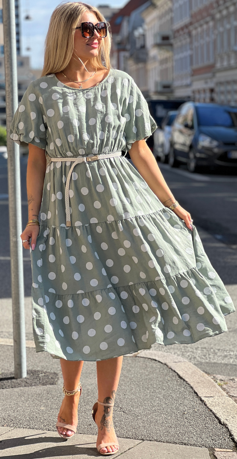 Elly kjole med dots og peplum khaki LikeLondon