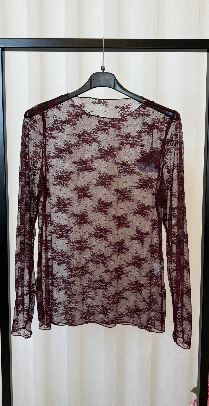 Thea langærmet blondebluse med broderi bordeaux LikeLondon
