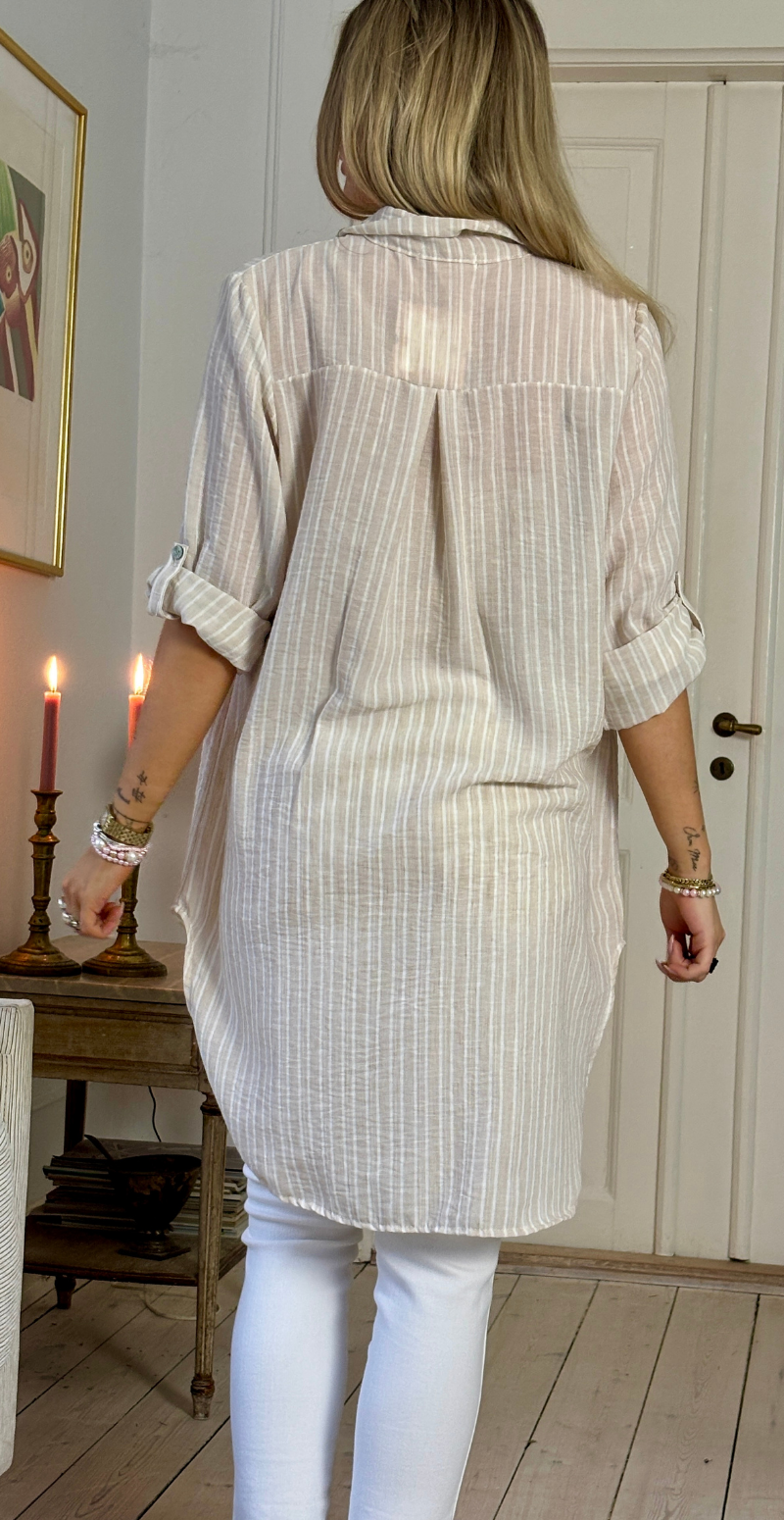 Tania tunika med striber og knapper beige LikeLondon